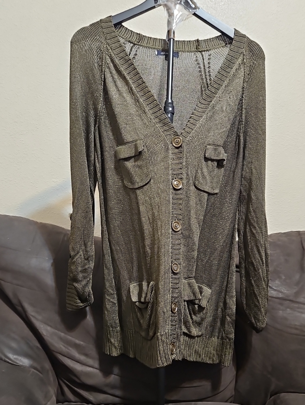 Anne Klein Olive Green Longline Button Cardigan